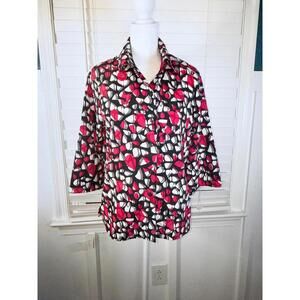 Allison Daley Blouse Pink Black White Geometric Print 3/4 Sleeve